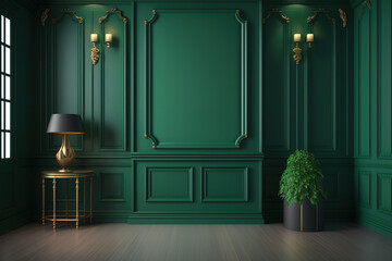 Green classic interior with blank wall, panel, and moldings. sketch. Generative AI - obrazy, fototapety, plakaty
