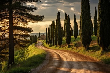 Stunning path bordered by tall cypress trees in picturesque Tuscany. Generative AI