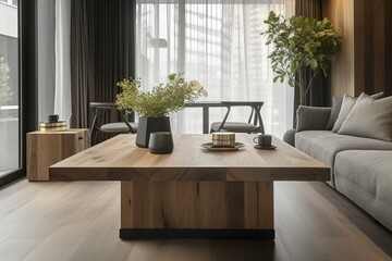 A vacant wooden table against a backdrop of a contemporary lounge area with stylish furnishings. Generative AI