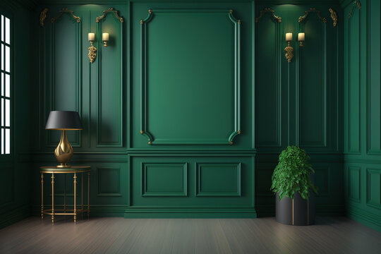 Fototapeta Green classic interior with blank wall, panel, and moldings. sketch. Generative AI