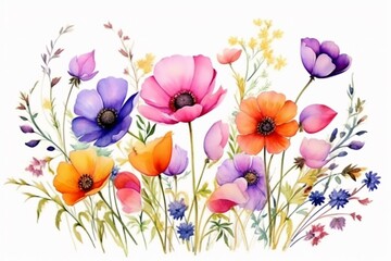 Vibrant watercolor flowers on a white backdrop. Ideal for botanical-themed backgrounds, wallpapers, designs, and prints. Generative AI