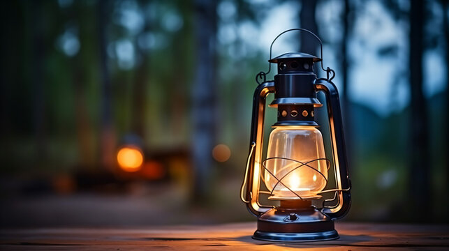 夕暮れのキャンプ場のオイルランタンのアップ　森とイルミネーションのボケの背景