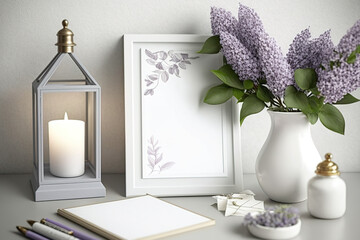 Home decor. Clipboard mockup, lilac branches in vase, home decoration. Generative AI