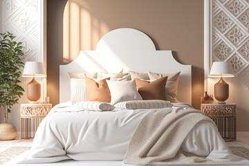 Interior of bedroom. Against the backdrop of pastel walls, a king-sized white bed furnished with brown pillows and a veil is seen. Generative AI