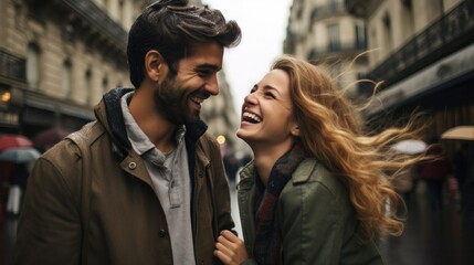A smiling couple having fun on a rainy street on a winter day