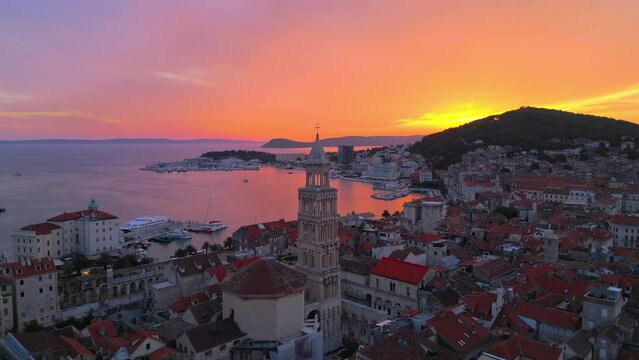 Aerial drone shot of Split, Croatia during sunset.
