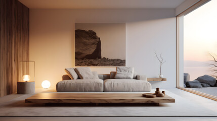 beautiful living room with a large cozy armchair and a large painting in the center