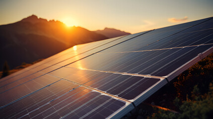 Solar panel with mountains in the background on a sunset