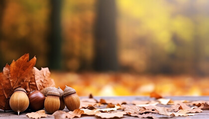 acorns and autumn leaves on wooden table 