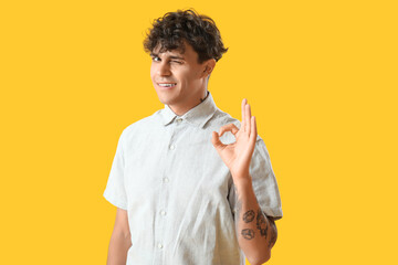 Portrait of winking young man showing OK gesture on orange background