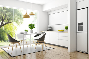 Corner view of a light kitchen area with a dining table and chairs, a refrigerator, a cupboard, a white wall, and an oak wooden floor. minimalist design principle. a mockup. Generative AI