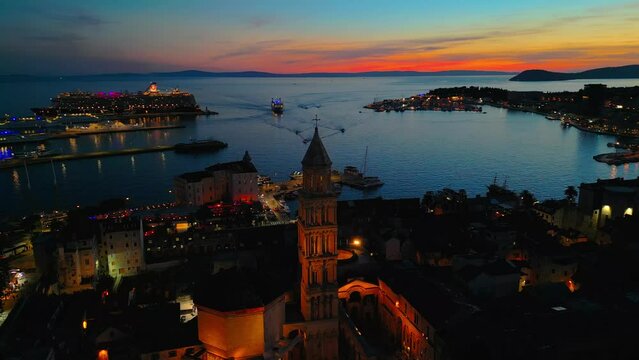 Aerial drone shot of Split, Croatia at night. 