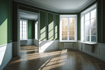 Empty green interior corner with four windows, white plinth, and light-colored parquet floor. Room perspective. Windows Work Route, please. 8K UHD 7680x4320. Generative AI