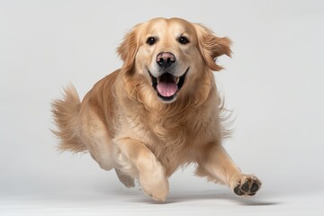 Photo of a golden retriever dog running in front of a white background - Powered by Adobe