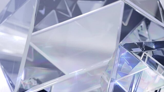 Modern background with polygonal crystals. A geometric jewelry surface designed in abstract 3D. Diamond reflection crystals are animated in the background.
