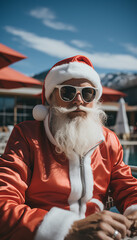 Santa sitting at the pool of a resort - vacation - getaway - holiday - vertical shot - sunglasses - stylish suit - fun