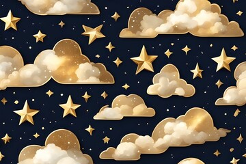 Seamless pattern of the night sky with gold foil constellations stars and clouds. Generative AI