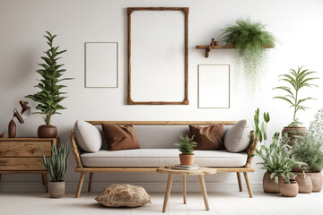 gallery wall mockup in a white farmhouse living room with wooden furniture and several plants. Generative AI