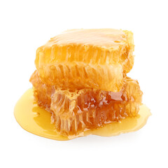 Sweet honeycombs on white background