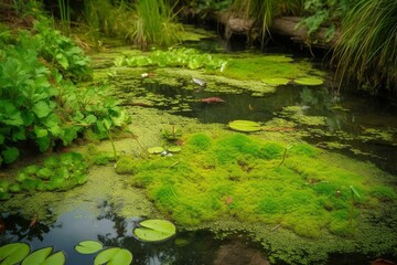 Green vegetation in a small water pond. Generative AI