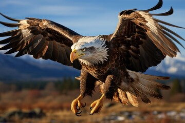 A wild eagle flies with wings spread