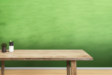 Green wall, empty wooden table. Merchandising. Generative AI