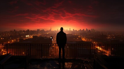 A man alone watching the cityscape at night