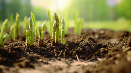 young asparagus seedlings in the ground - obrazy, fototapety, plakaty