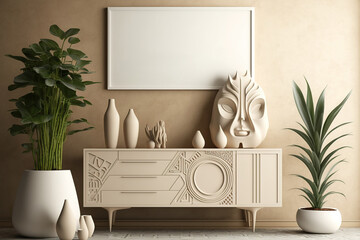 Modern beige living room interior design with sculpture, faux poster frame, beige wooden sideboard, and accessories. Template. Generative AI