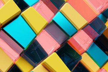  3D illustration volumetric  colorful  cubes. Parallelogram pattern. Technology geometry neon...