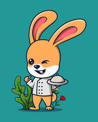 vector illustration of a bunny chef lifting a plate while smiling. animal profession icon concept