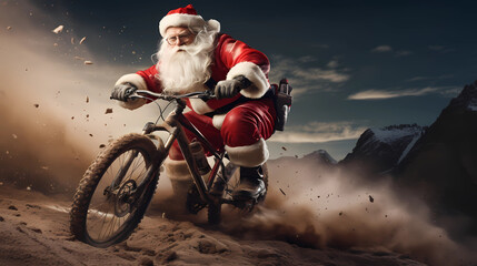 Santa Claus is conquering challenging mountain biking trails - obrazy, fototapety, plakaty
