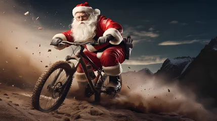 Fotobehang Santa Claus is conquering challenging mountain biking trails © Sticker Me