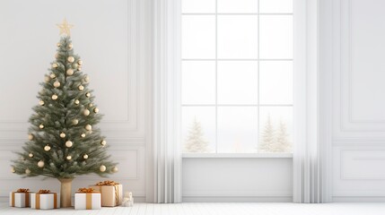 Fototapeta na wymiar Christmas tree in living room on empty light white wall with copy space, generative ai