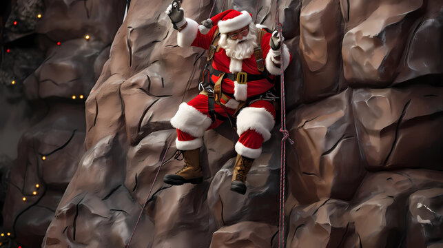 Santa is climbing a rock wall or climbing wall