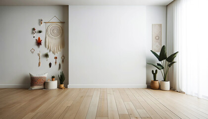 Fototapeta na wymiar Empty room with white wall and tall window design.