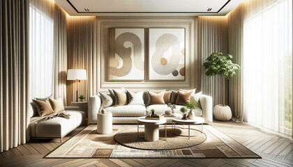 Classic living room design interior, beige furniture, contemporary wall, sofa, armchair with lamp and tall curtain.