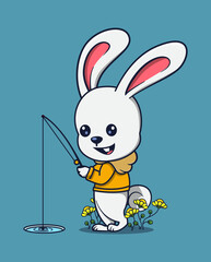 vector illustration of a rabbit fishing at a water hole. animal icon concept