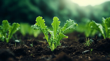 young kale seedlings in the ground - obrazy, fototapety, plakaty
