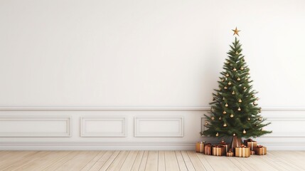 Christmas tree in living room on empty light white wall with copy space, generative ai