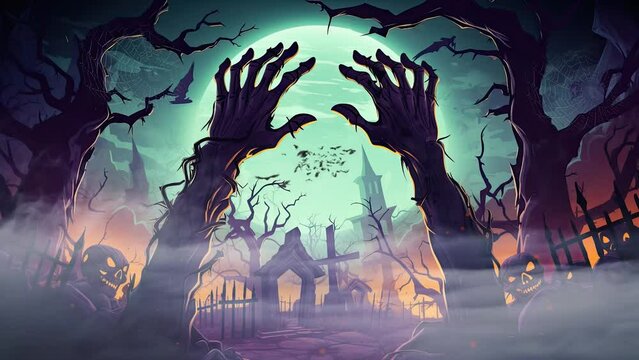 halloween decoration with zombie hand and spooky place. seamless looping time-lapse virtual video animation.
