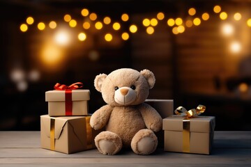 In the background, blurred holiday lights set a festive atmosphere as a teddy bear sits alongside presents, creating a heartwarming scene. Photorealistic illustration