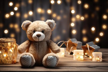 A teddy bear sits on a wooden table with holiday lights, while blurred lights in the background contribute to a festive and cozy atmosphere. Photorealistic illustration - obrazy, fototapety, plakaty