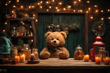 A charming scene depicts a store owned by a teddy bear, adorned with holiday lights, setting a whimsical and festive atmosphere. Photorealistic illustration