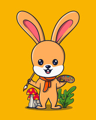 vector illustration of animal rabbit painter holding painting tools. plants surrounding animals icon concept
