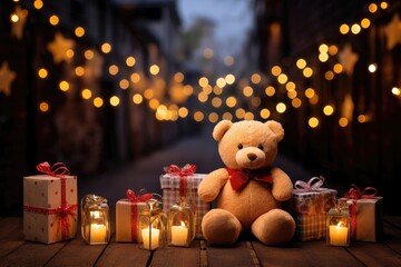 A teddy bear sits with presents and candles, while blurred holiday lights in the background add to the festive and cozy ambiance. Photorealistic illustration