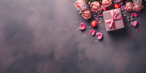 Ultra wide frame with blooming rose, petal and gift box with ribbon on rough smoke dark pink moody background with copy space.