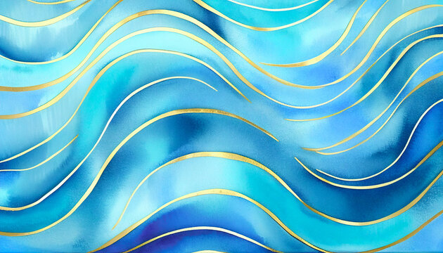 Abstract blue water, gold lines watercolor texture painting. Colorful art teal, yellow wavy golden ink fairytale background. Bright underwater waves. Ocean beach seascape illustration wallpaper 