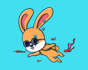 vector illustration of animal rabbit diving in water with fish. animal icon concept