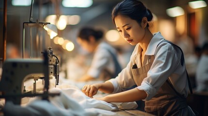 Asian factory workers diligently sewing garments in a bustling, large-scale production setting. - obrazy, fototapety, plakaty